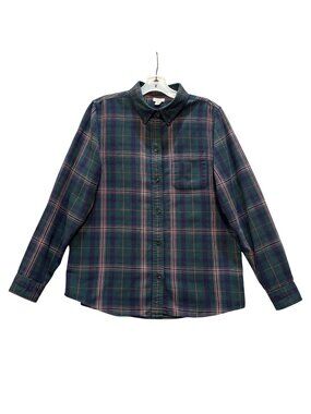 LL Bean Women's M Flannel Shirt Green Navy Plaid Vintage Button Down Preppy